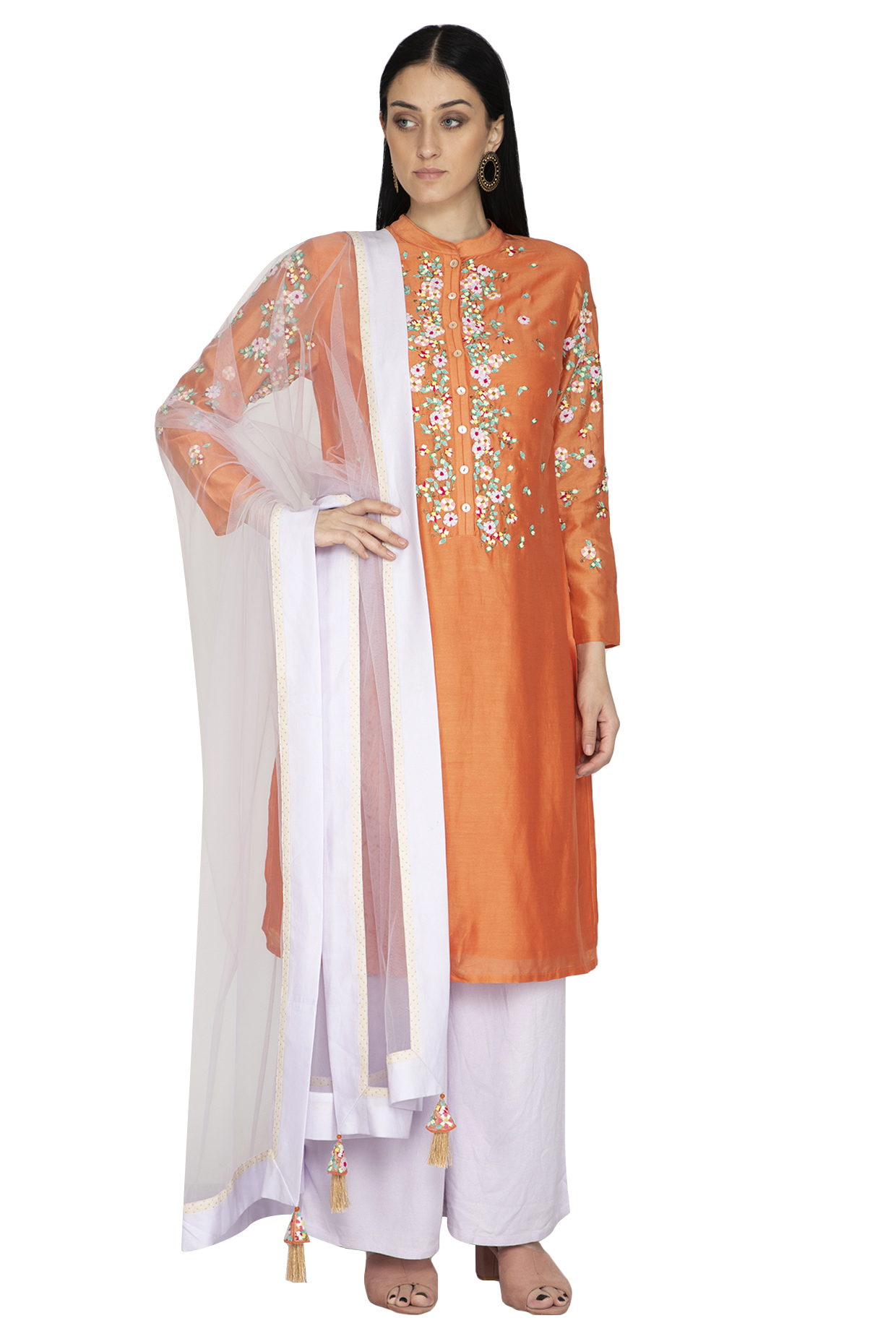 Orange Chanderi Floral Embroidered Tunic Set by 5X by Ajit Kumar at Pernia's Pop Up Shop
