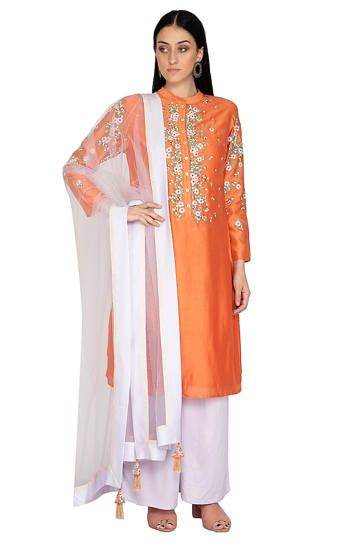 Orange Chanderi Floral Embroidered Tunic Set by 5X by Ajit Kumar