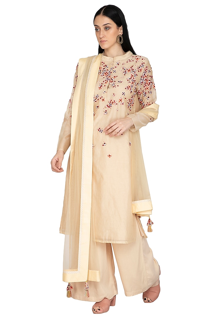 Beige Chanderi Floral Embroidered Tunic Set by 5X by Ajit Kumar