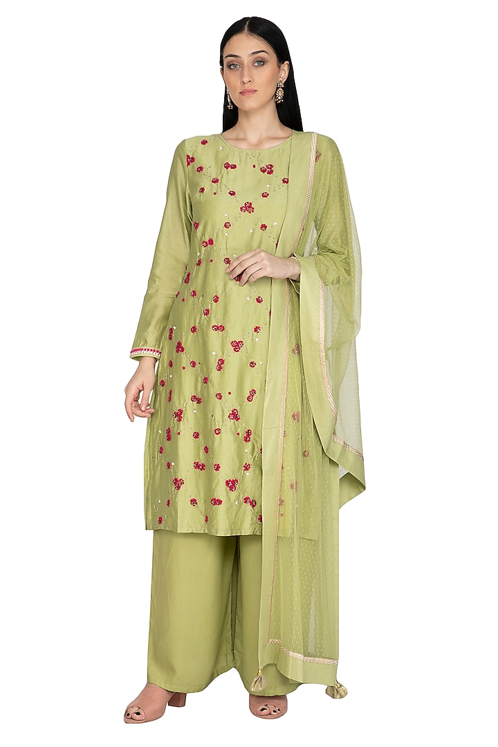 Mint Green Chanderi Floral Embroidered Tunic Set by 5X by Ajit Kumar