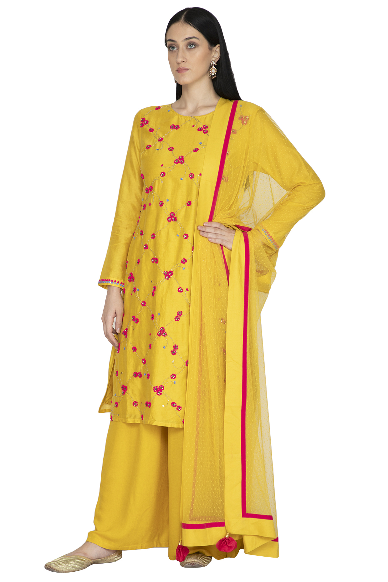 Mustard Chanderi Floral Embroidered Tunic Set by 5X by Ajit Kumar at Pernia's Pop Up Shop