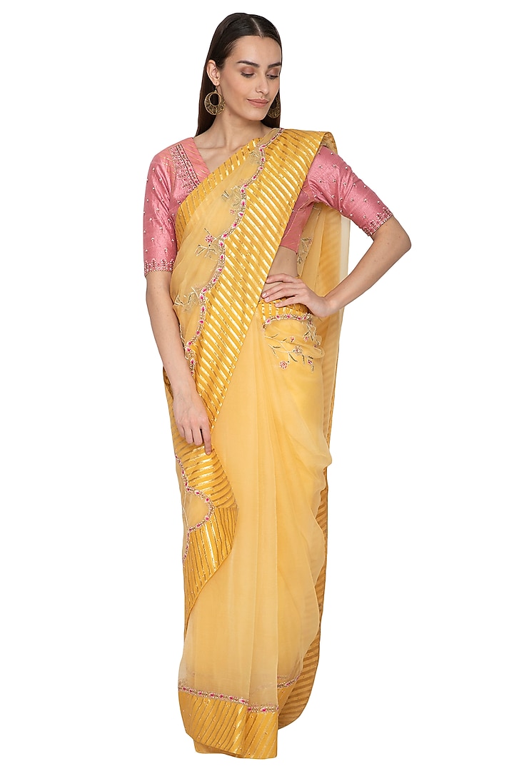 Yellow Embroidered Saree Set by 5X by Ajit Kumar