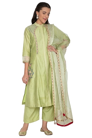 Mint Green Silk Chanderi Beads & Sequins Embroidered Tunic Set by 5X by Ajit Kumar