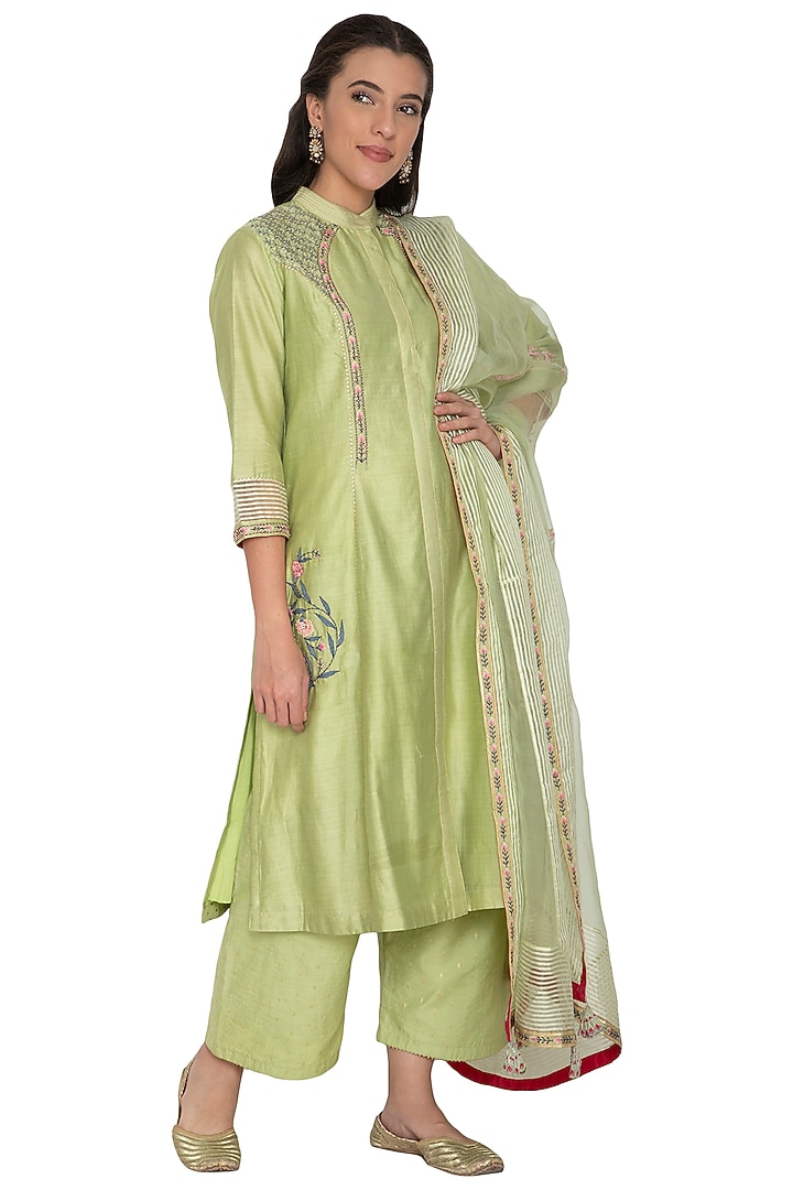 Mint Green Silk Chanderi Beads & Sequins Embroidered Tunic Set by 5X by Ajit Kumar at Pernia's Pop Up Shop