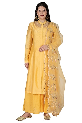 Yellow Embroidered Sharara Set by 5X by Ajit Kumar