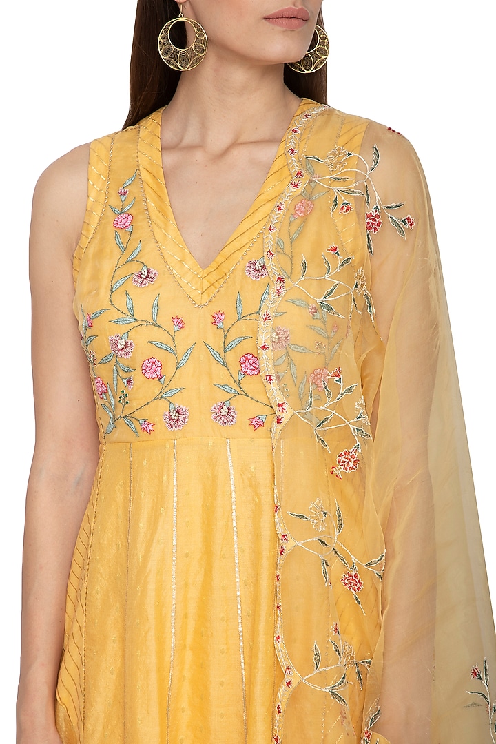 Yellow 3D Embroidered Party Wear Anarkali Set by 5X by Ajit Kumar at Pernia's Pop Up Shop