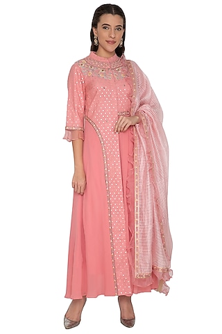 Blush Pink Embroidered Asymmetric Anarkali Set by 5X by Ajit Kumar
