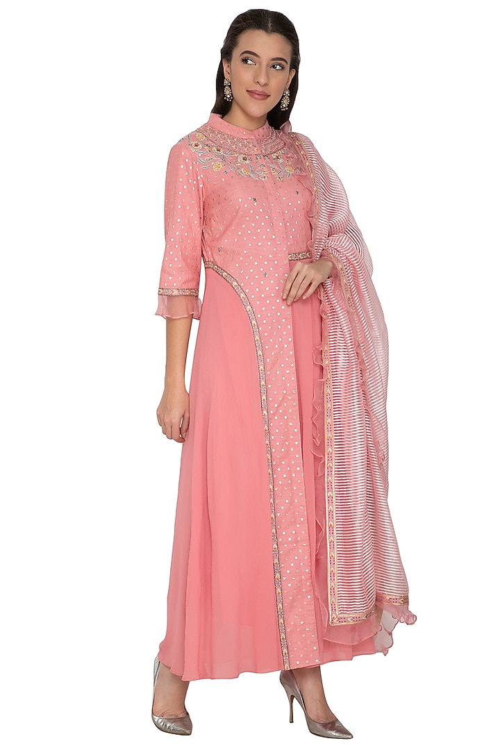 Blush Pink Embroidered Asymmetric Party Wear Anarkali Set by 5X by Ajit Kumar at Pernia's Pop Up Shop