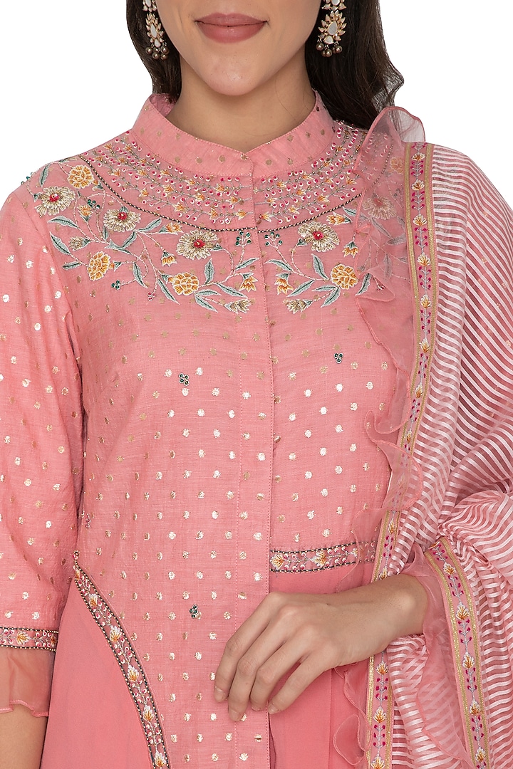 Blush Pink Embroidered Asymmetric Party Wear Anarkali Set by 5X by Ajit Kumar at Pernia's Pop Up Shop