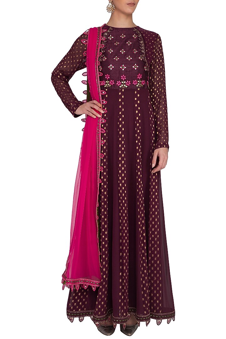 Wine Embroidered Party Wear Anarkali Set by 5X by Ajit Kumar at Pernia's Pop Up Shop