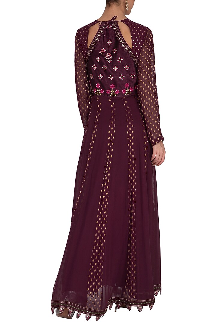 Wine Embroidered Party Wear Anarkali Set by 5X by Ajit Kumar at Pernia's Pop Up Shop