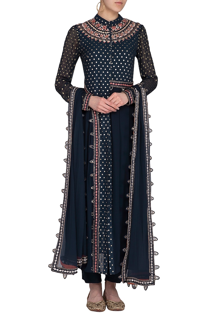 Dark Green Embroidered Asymmetrical Party Wear Anarkali Set by 5X by Ajit Kumar at Pernia's Pop Up Shop