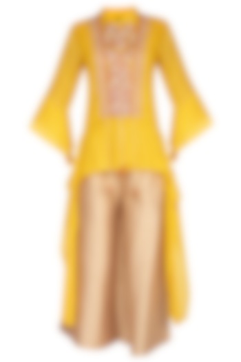 Yellow Embroidered Top With Flared Pants by 5X by Ajit Kumar