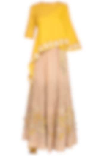 Yellow Embroidered Cape Top With Lehenga Skirt by 5X by Ajit Kumar