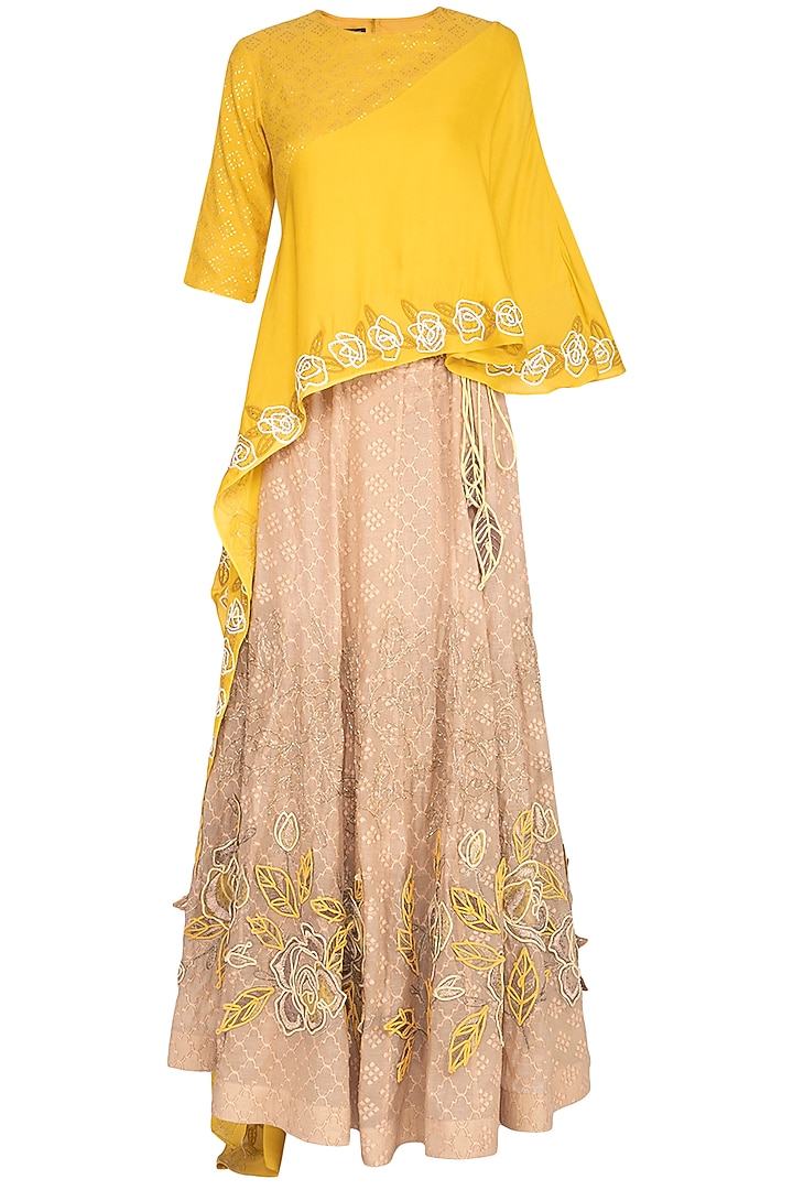 Yellow Embroidered Cape Top With Lehenga Skirt by 5X by Ajit Kumar at Pernia's Pop Up Shop