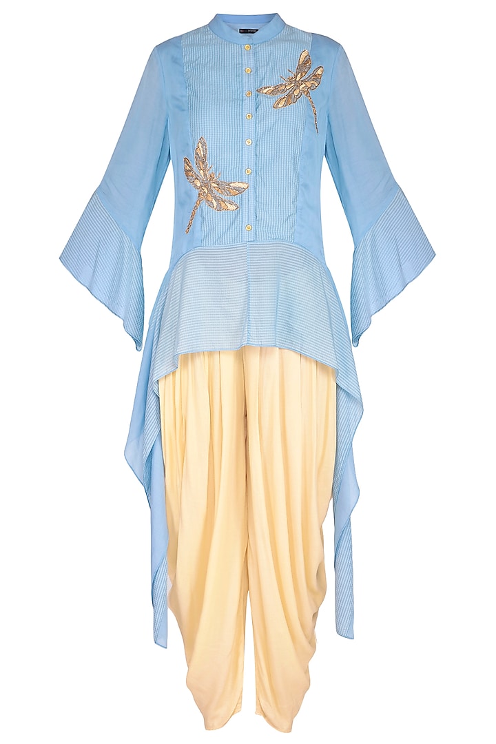 Pastel Blue Embroidered Top With Drape Pants by 5X by Ajit Kumar