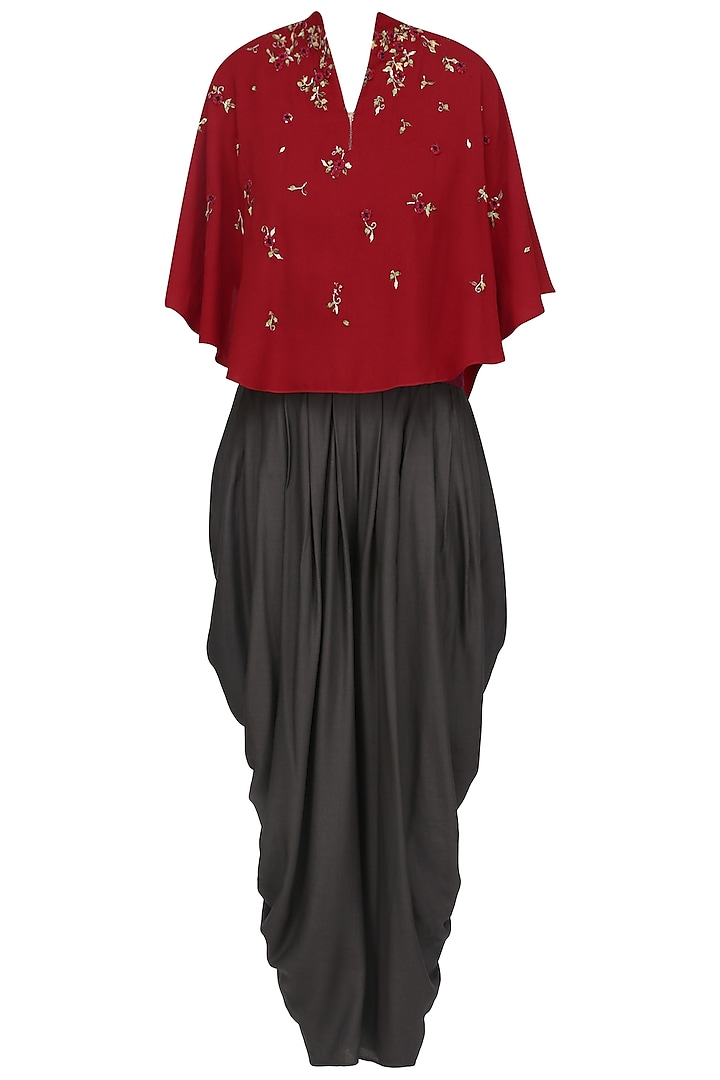 Red Asymmetric Embroidered Cape Top with Black Dhoti Pants by 5X by Ajit Kumar