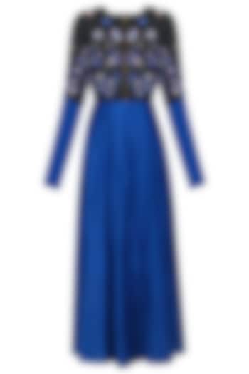 Blue Paneled Dress with Black Embroidered Jacket by 5X by Ajit Kumar