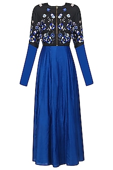 Blue paneled dress with black embroidered jacket available only at ...