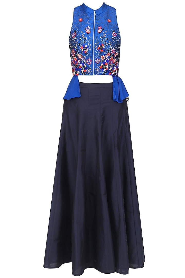 Blue Embroidered Wrap Top and Black Skirt by 5X by Ajit Kumar