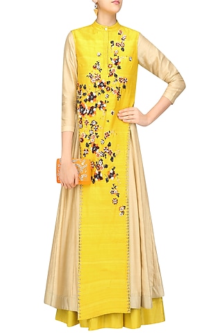 Mustard and Beige Anarkali and Jacket Set by 5X by Ajit Kumar