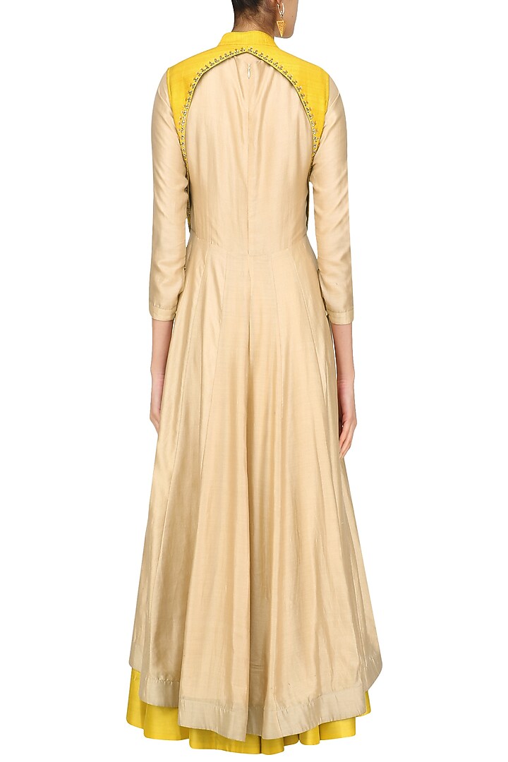Mustard and beige anarkali and jacket set available only at Pernia's Pop Up Shop.