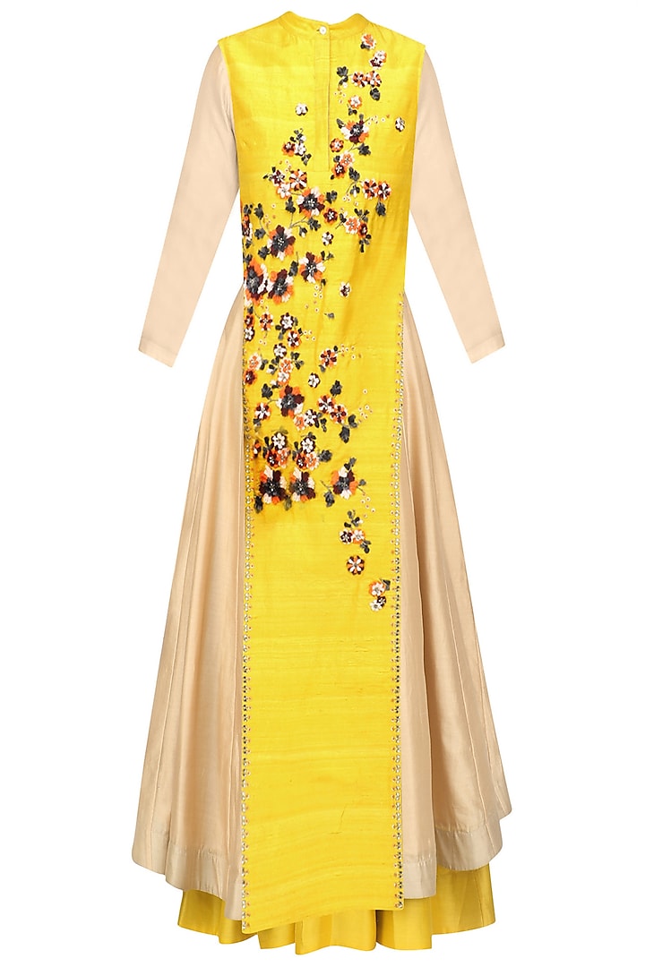 Mustard and beige anarkali and jacket set available only at Pernia's Pop Up Shop.