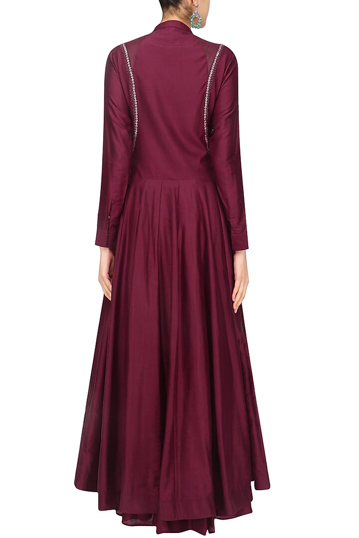 Maroon organza elongated top set available only at Pernia's Pop Up Shop.