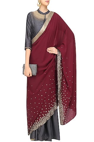 Grey Anarkali with Maroon Drape/Saree by 5X by Ajit Kumar