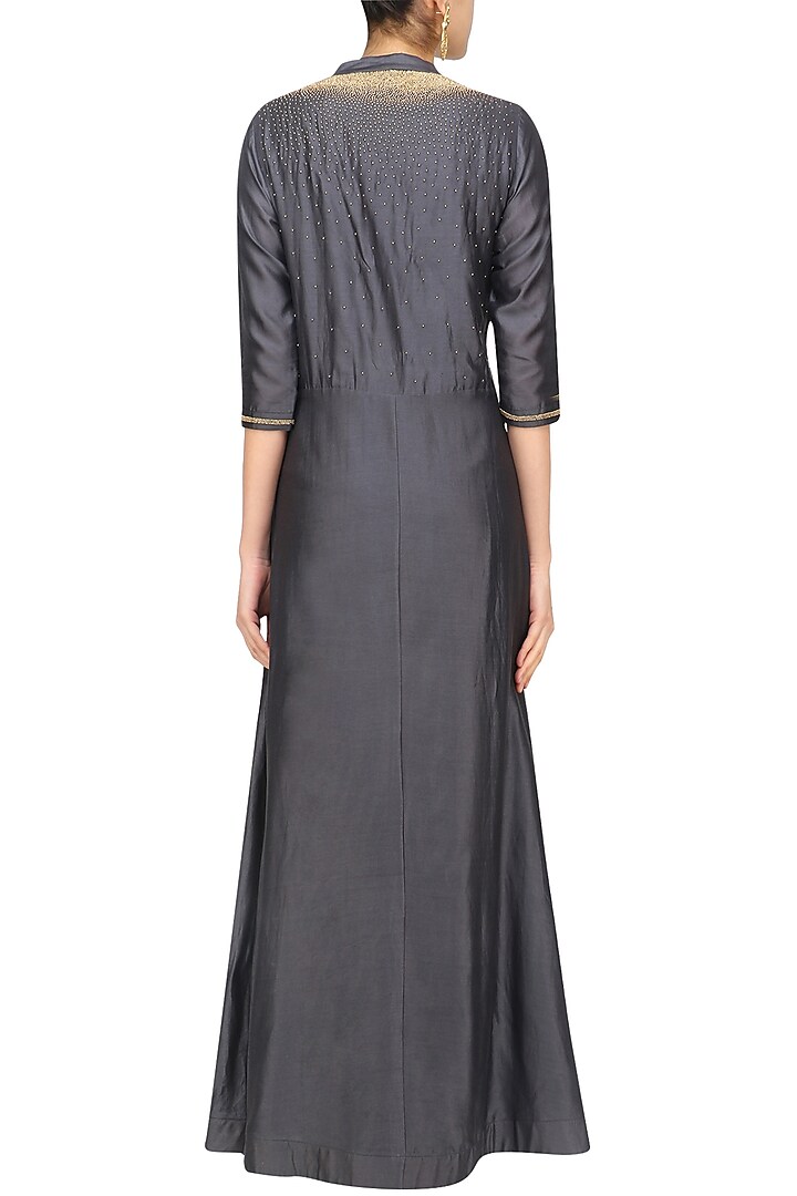 Grey anarkali with maroon drape/saree available only at Pernia's Pop Up Shop.