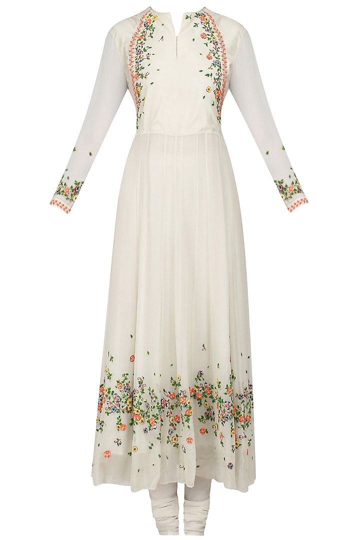 White Scattered Floral Embroidered Anarkali Set by 5X by Ajit Kumar