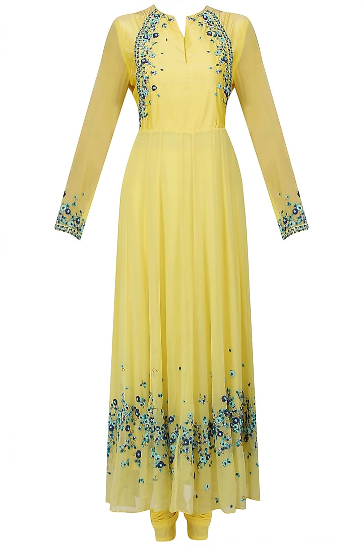 Yellow Scattered Floral Embroidered Anarkali Set by 5X by Ajit Kumar