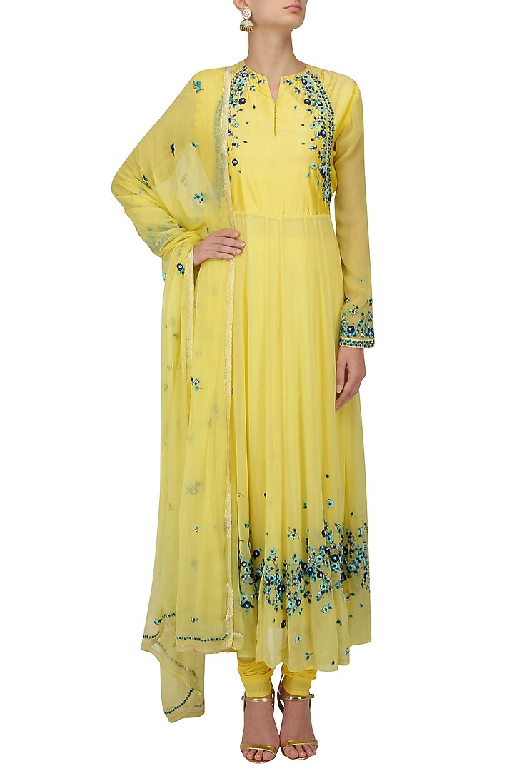 Yellow scattered floral embroidered anarkali set available only at Pernia's Pop Up Shop.