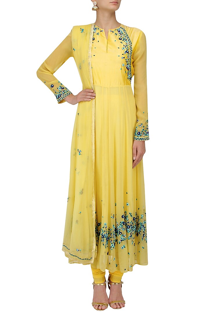Yellow scattered floral embroidered anarkali set available only at Pernia's Pop Up Shop.