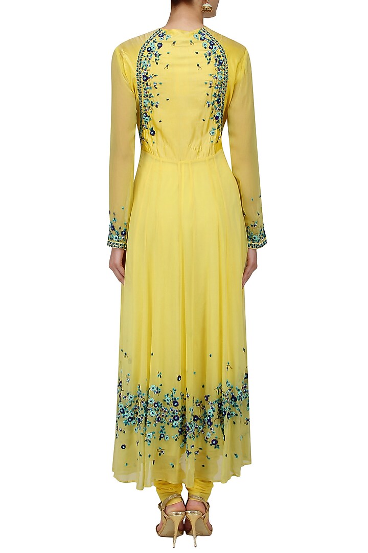 Yellow scattered floral embroidered anarkali set available only at Pernia's Pop Up Shop.