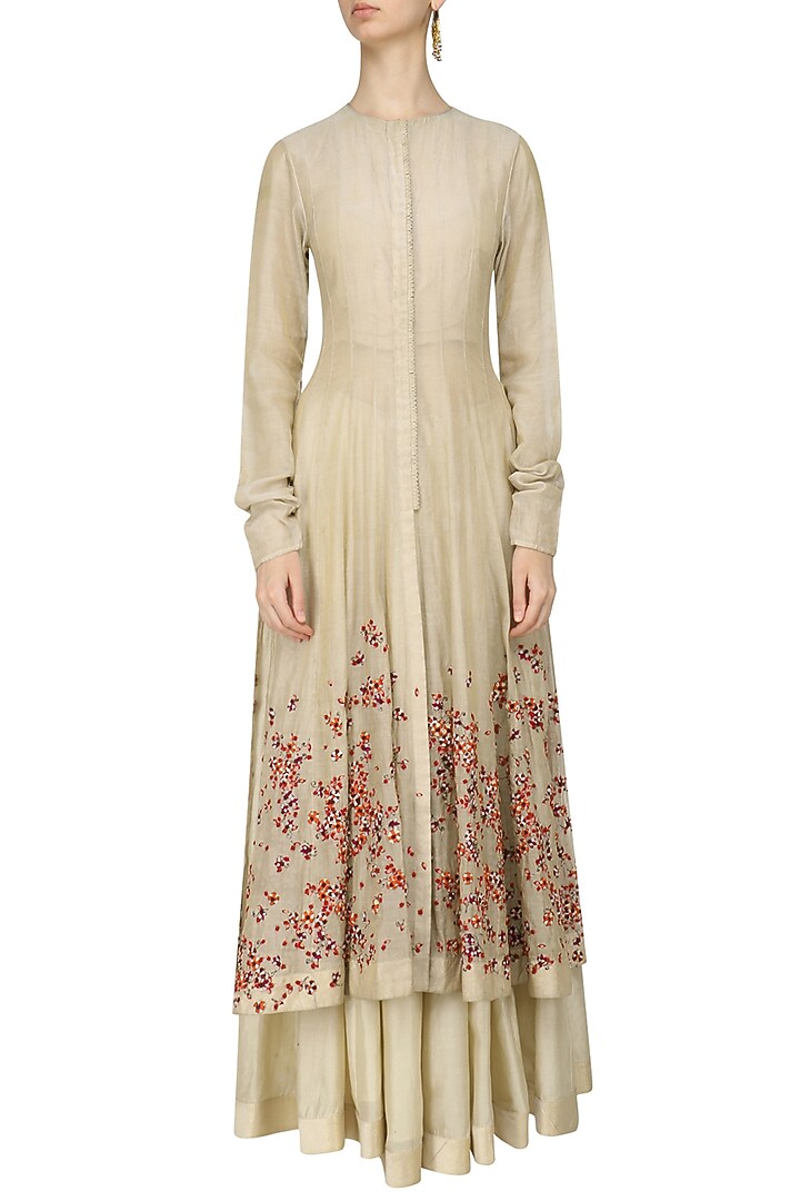 Beige scattered floral embroidered anarkali, crop top and skirt set available only at Pernia's Pop Up Shop.