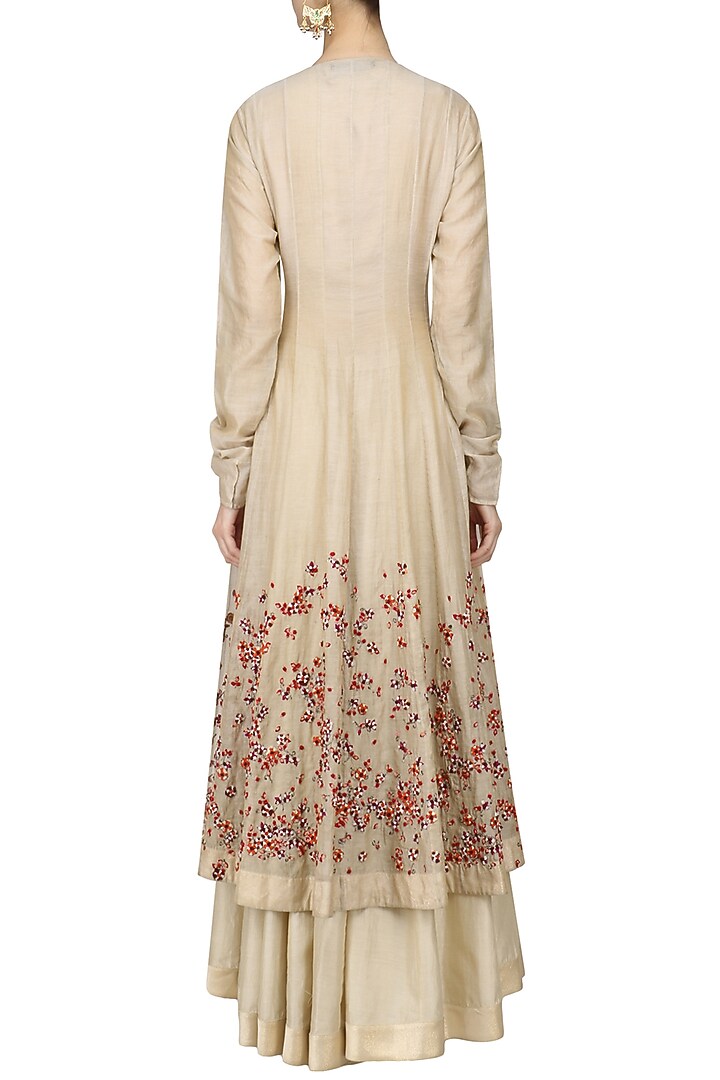 Beige scattered floral embroidered anarkali, crop top and skirt set available only at Pernia's Pop Up Shop.