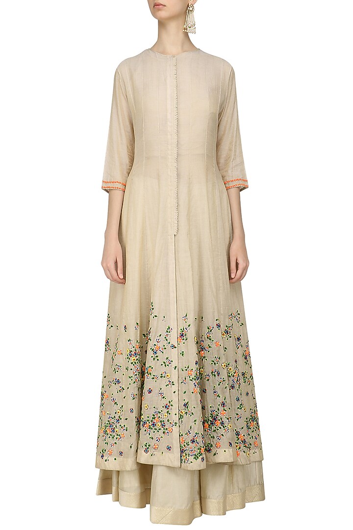 Beige and green shaded scattered floral work anarkali, crop top and skirt set available only at Pernia's Pop Up Shop.