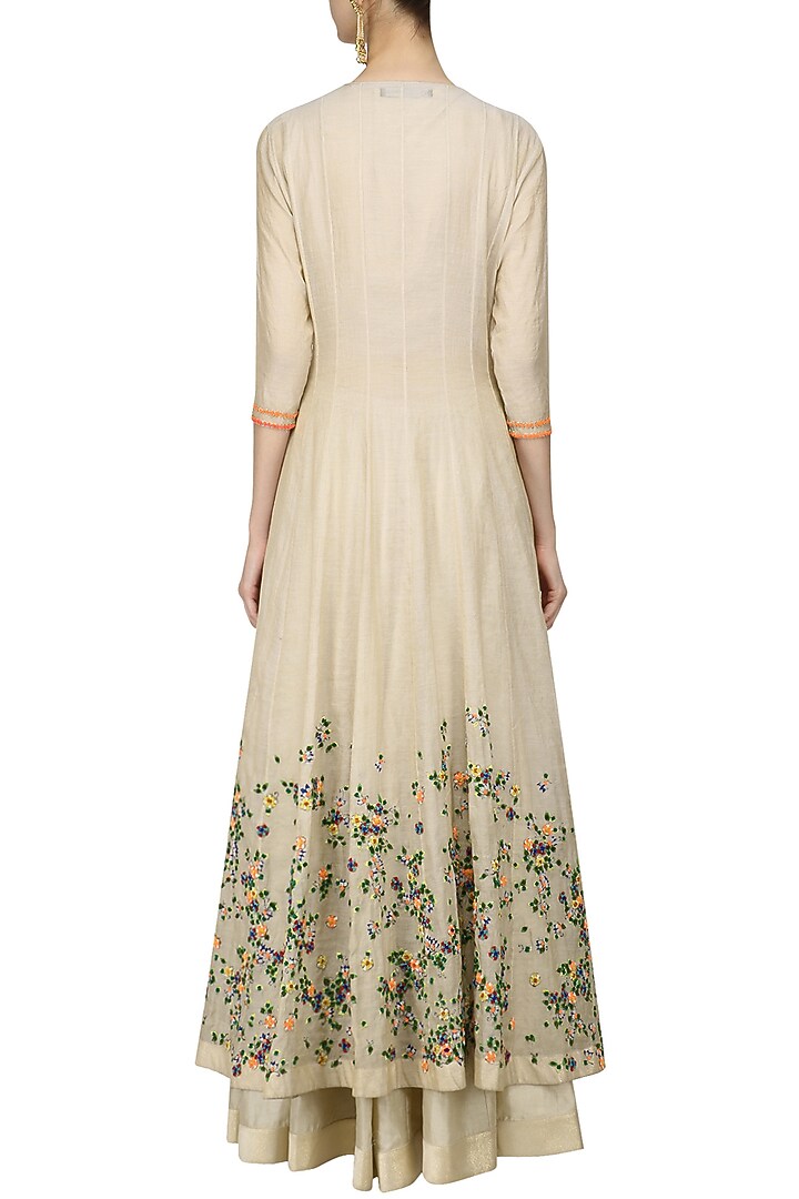 Beige and green shaded scattered floral work anarkali, crop top and skirt set available only at Pernia's Pop Up Shop.
