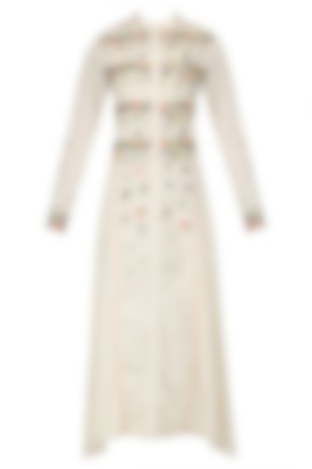 Off White Scattered Floral Embroidered Shirt Dress by 5X by Ajit Kumar