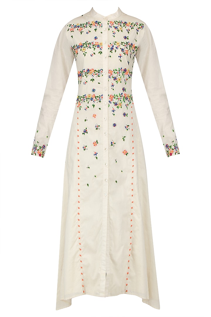 Off White Scattered Floral Embroidered Shirt Dress by 5X by Ajit Kumar