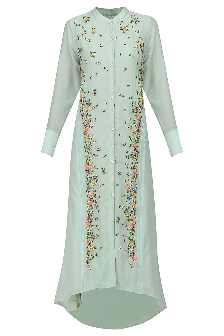 Light Blue Scattered Floral Embroidered Shirt Dress by 5X by Ajit Kumar