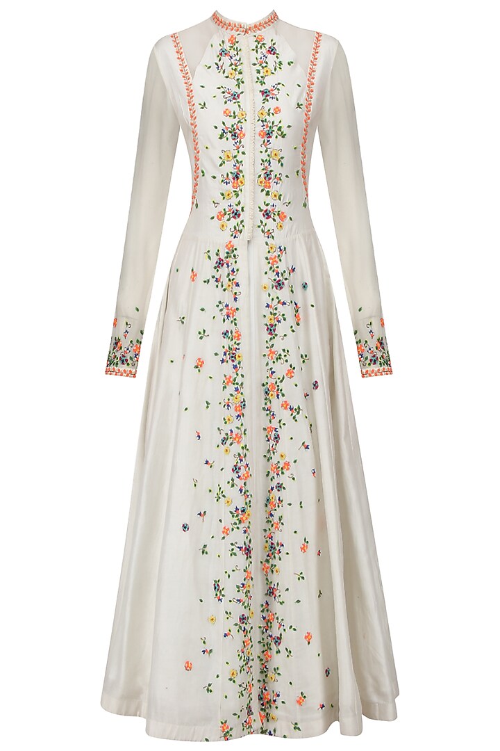 White scattered floral embroidered anarkali and skirt set available only at Pernia's Pop Up Shop.