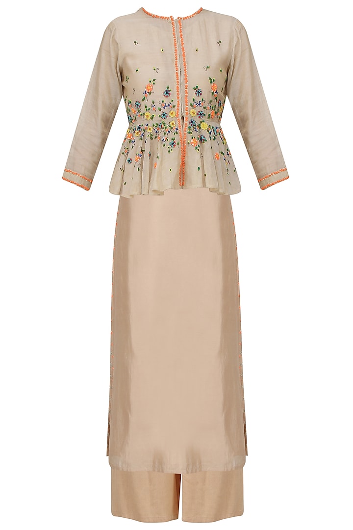 Beige Floral Embroidered Peplum Jacket, Tunic and Pants Set by 5X by Ajit Kumar