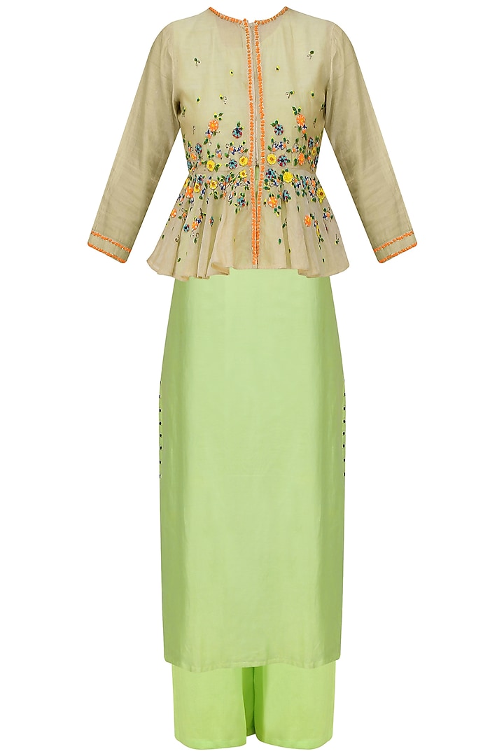 Green Floral Embroidered Peplum Jacket, Tunic and Pants Set by 5X by Ajit Kumar