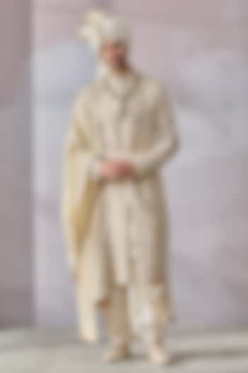 Ivory Georgette Chikankari Work Groom Sherwani Set by Tarun Tahiliani Men at Pernia's Pop Up Shop