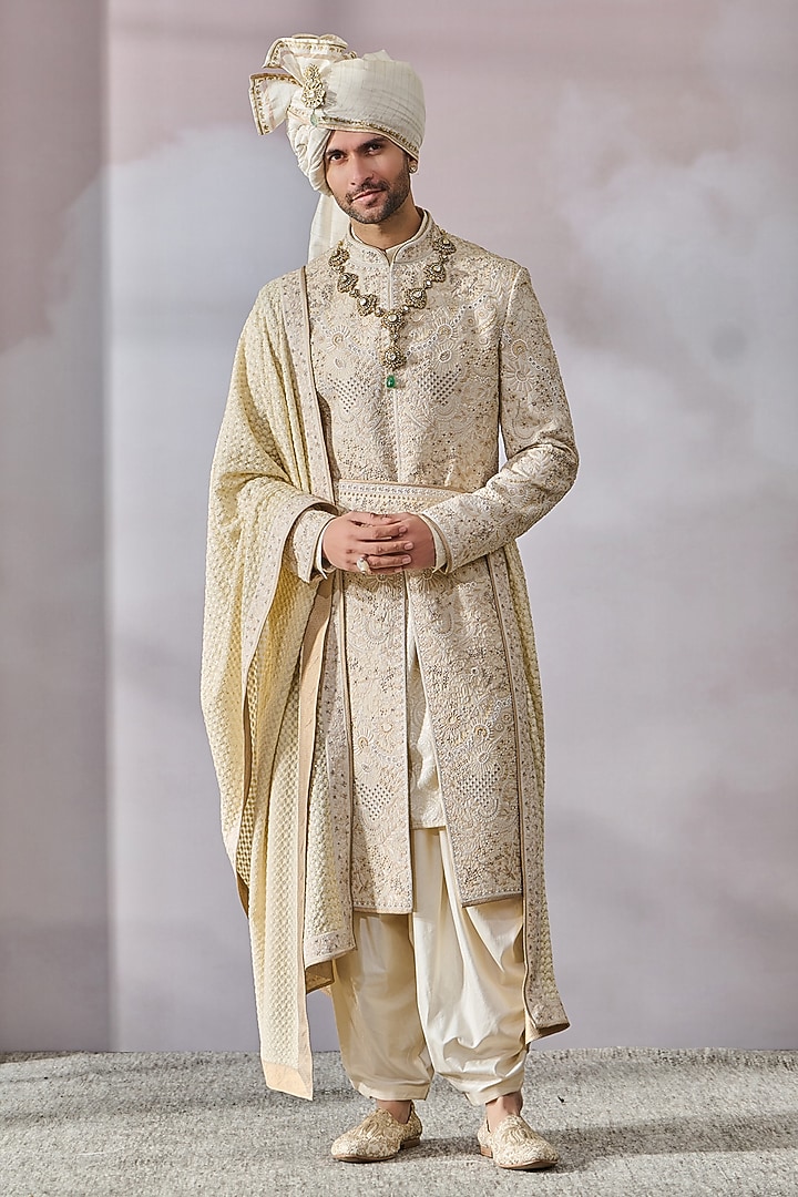 Ivory Georgette Chikankari Work Groom Sherwani Set by Tarun Tahiliani Men at Pernia's Pop Up Shop