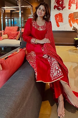 Red Silk Chanderi Peacock Embroidered Anarkali Set by Pink City By Sarika