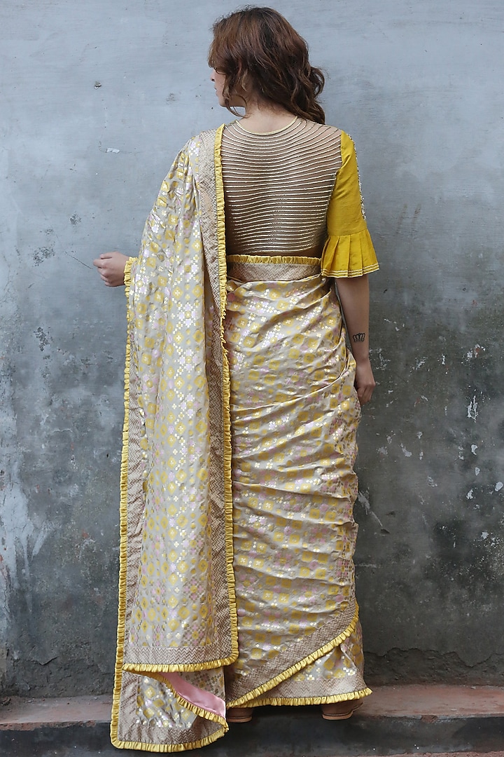 Beige Gold Silk Ikat Printed Party Wear Saree by I AM DESIGN at Pernia's Pop Up Shop