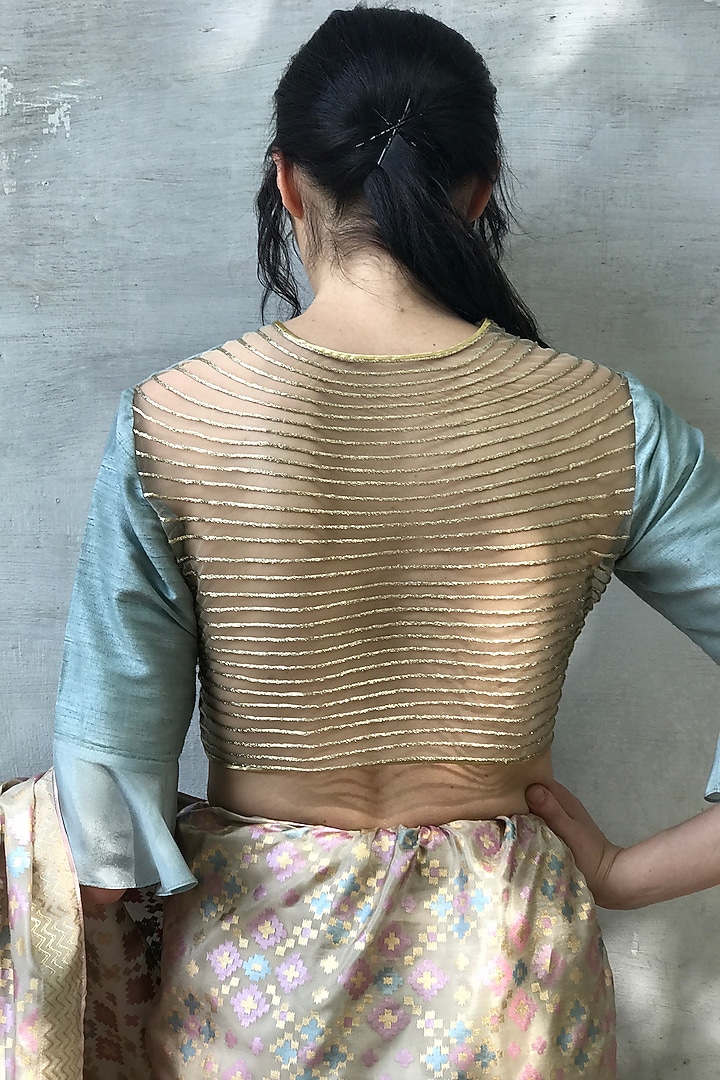 Beige Silk Ikat Printed Wedding Saree Set by I AM DESIGN at Pernia's Pop Up Shop